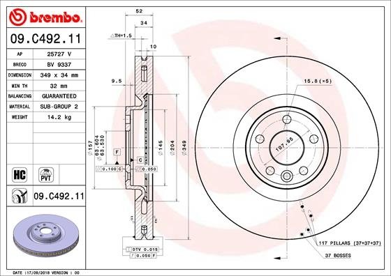 09.C492.11 BREMBO (Германия) Тормозной диск BREMBO