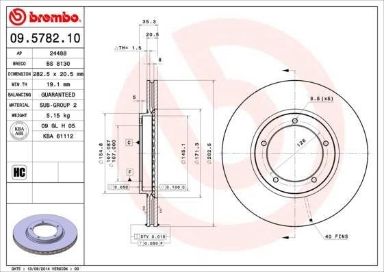 09.5782.10 BREMBO (Германия) Гальмівний диск BREMBO