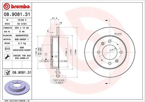 08.9081.31 BREMBO (Германия) Тормозной диск BREMBO