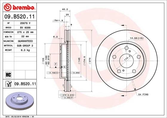 09.B520.11 BREMBO (Германия) Гальмівний диск BREMBO