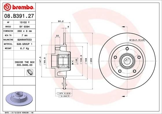 08.B391.27 BREMBO (Германия) Тормозной диск BREMBO