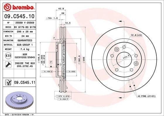 09.C545.11 BREMBO (Германия) Тормозной диск BREMBO