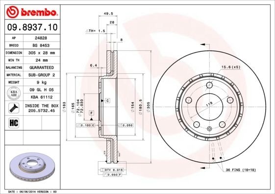 09.8937.11 BREMBO (Германия) Тормозной диск BREMBO