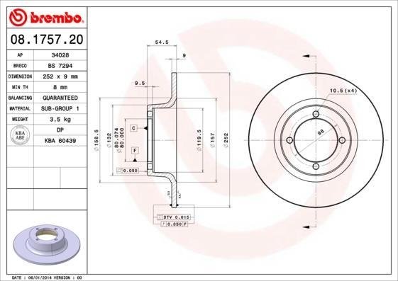 08.1757.20 BREMBO (Германия) Гальмівний диск BREMBO