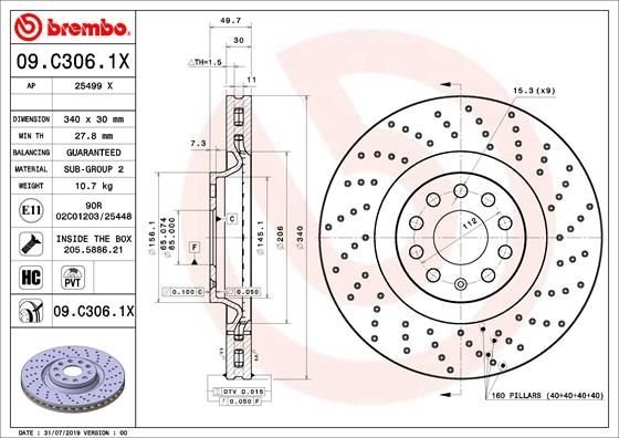 09.C306.1X BREMBO (Германия) Гальмівний диск BREMBO