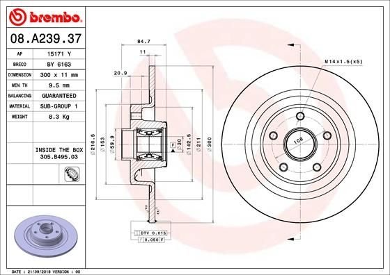 08.A239.37 BREMBO (Германия) Тормозной диск BREMBO