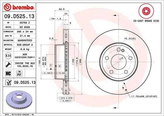 09.D525.13 BREMBO (Германия) Гальмівний диск BREMBO