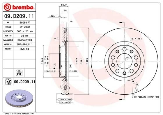 09.D209.11 BREMBO (Германия) Тормозной диск BREMBO