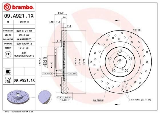 09.A921.1X BREMBO (Германия) Тормозной диск BREMBO