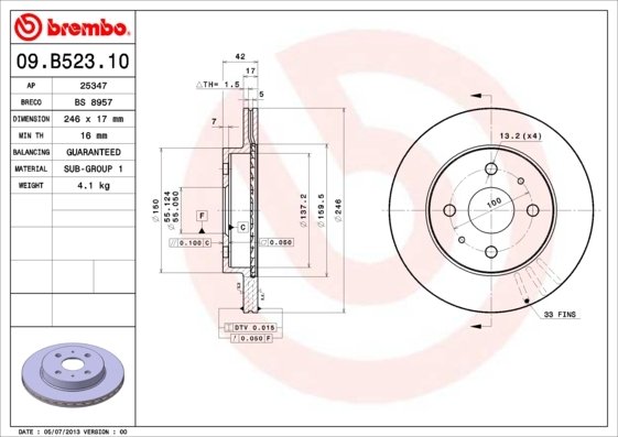 09.B523.10 BREMBO (Германия) Тормозной диск BREMBO