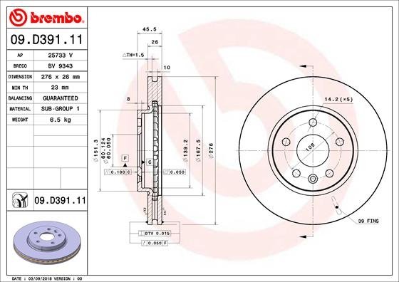 09.D391.11 BREMBO (Германия) Тормозной диск BREMBO