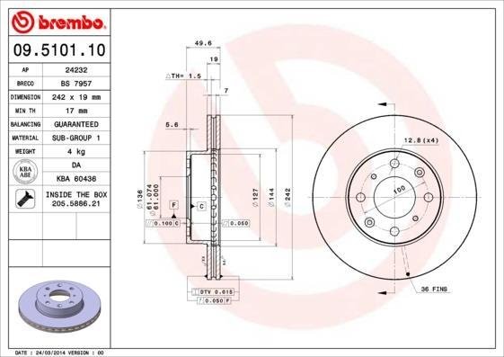 09.5101.10 BREMBO (Германия) Гальмівний диск BREMBO