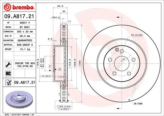 09.A817.21 BREMBO (Германия) Гальмівний диск BREMBO