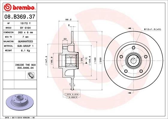 08.B369.37 BREMBO (Германия) Гальмівний диск BREMBO