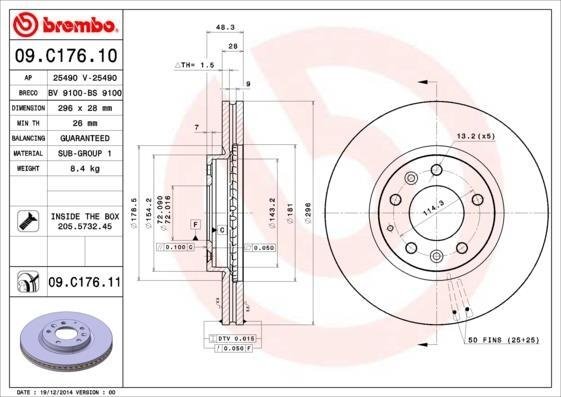 09.C176.11 BREMBO (Германия) Тормозной диск BREMBO