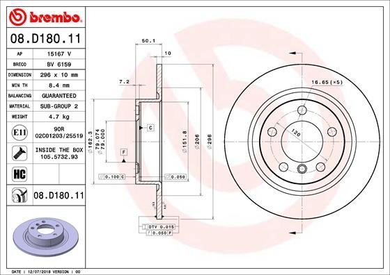 08.D180.11 BREMBO (Германия) Тормозной диск BREMBO