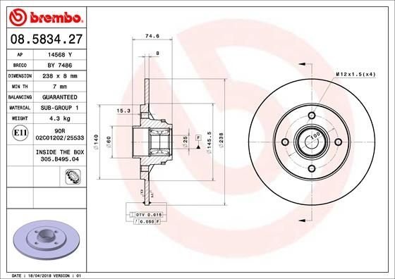 08.5834.27 BREMBO (Германия) Гальмівний диск BREMBO