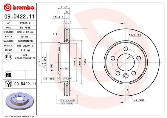 09.D422.11 BREMBO (Германия) Гальмівний диск BREMBO