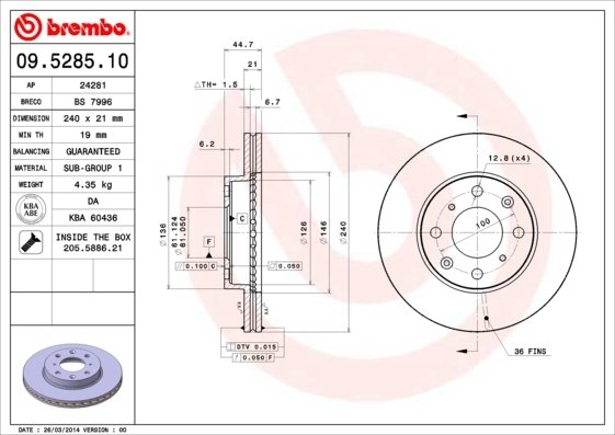 09.5285.11 BREMBO (Германия) Гальмівний диск BREMBO