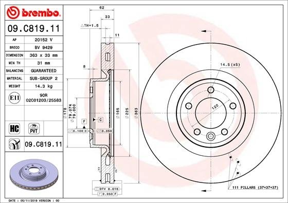 09.C819.11 BREMBO (Германия) Тормозной диск BREMBO