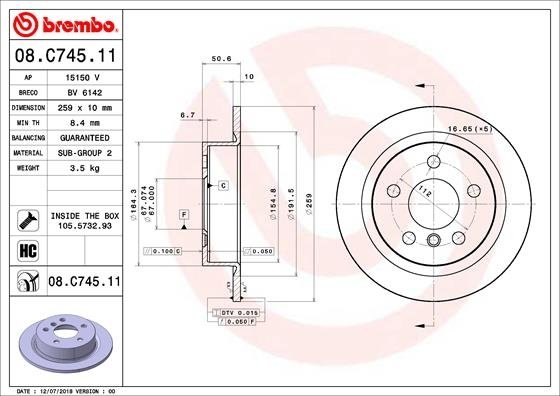 08.C745.11 BREMBO (Германия) Гальмівний диск BREMBO