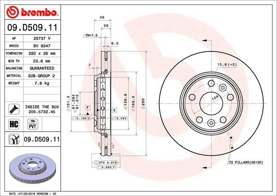 09.D509.11 BREMBO (Германия) Гальмівний диск BREMBO