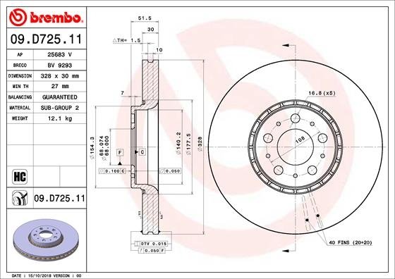 09.D725.11 BREMBO (Германия) Гальмівний диск BREMBO