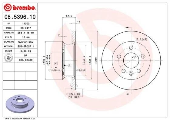 08.5396.10 BREMBO (Германия) Гальмівний диск BREMBO