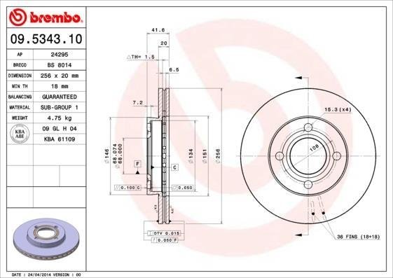 09.5343.10 BREMBO (Германия) Тормозной диск BREMBO