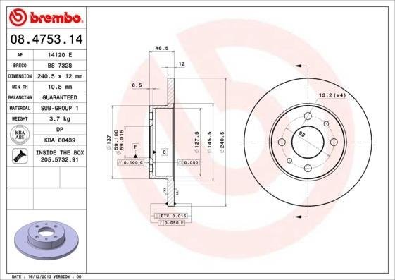 08.4753.14 BREMBO (Германия) Гальмівний диск BREMBO