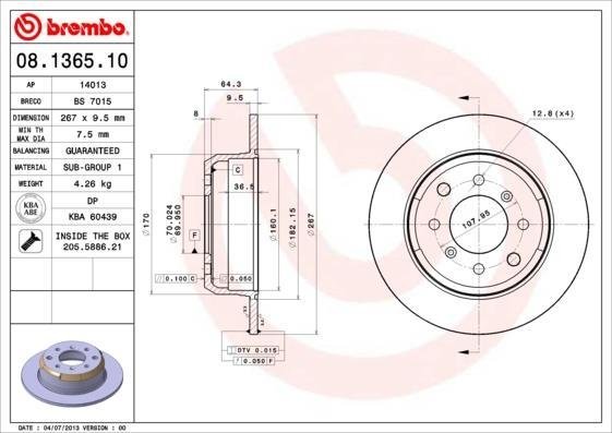 08.1365.10 BREMBO (Германия) Гальмівний диск BREMBO