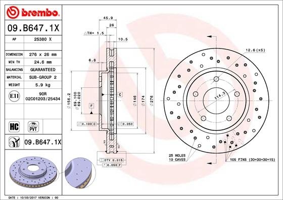 09.B647.1X BREMBO (Германия) Гальмівний диск BREMBO