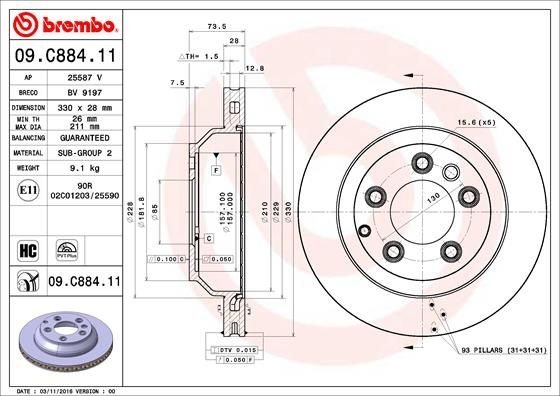 09.C884.11 BREMBO (Германия) Диск тормозной VW TOUAREG задн. вент. (выр-во BREMBO)