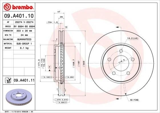 09.A401.11 BREMBO (Германия) Тормозной диск BREMBO