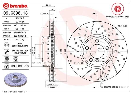 09.C398.13 BREMBO (Германия) Тормозной диск BREMBO