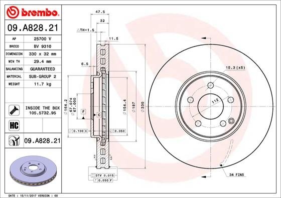 09.A828.21 BREMBO (Германия) Гальмівний диск BREMBO